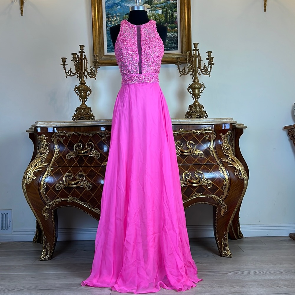 Women‘s formal rhinestone Illusion bodice pageant prom dress